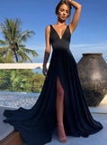 Simple A-line V-neck Long Black Prom Dresses, Sexy Evening Dress With Split MP12