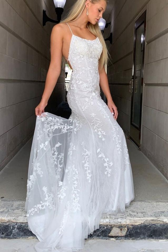 white tulle backless long mermaid prom dresses with lace appliques