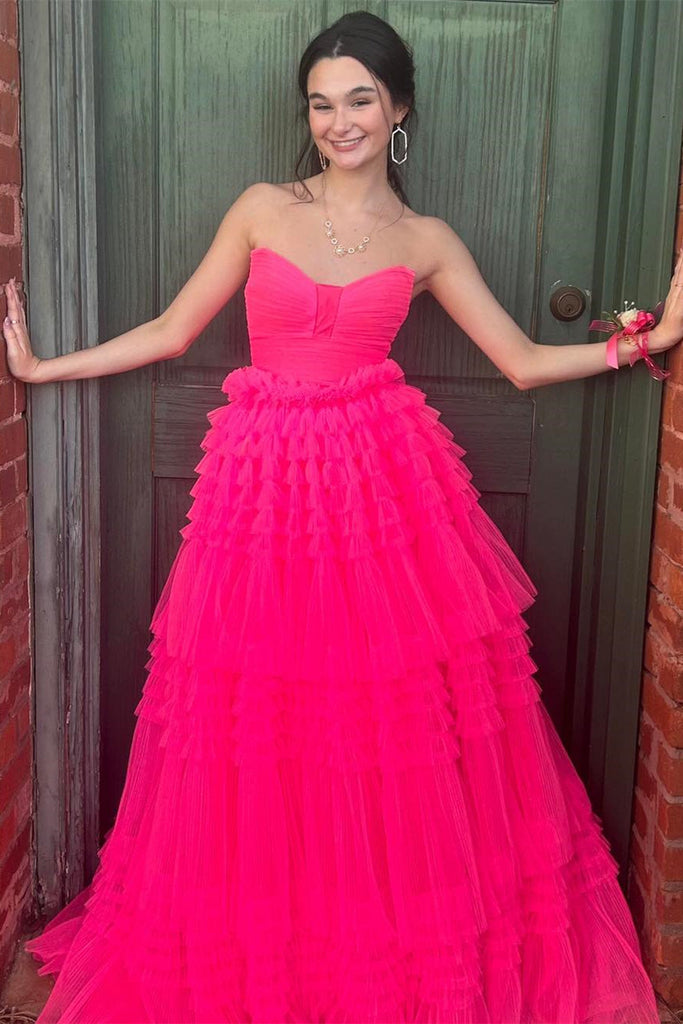sweetheart hot pink pleated ruffle layers long prom graduation dresses
