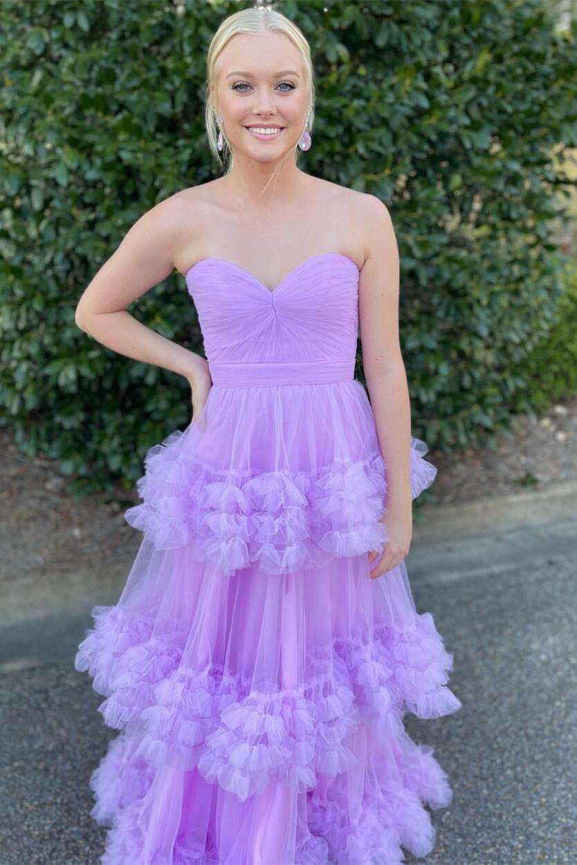 Sweetheart Lilac Tulle Tiered Formal Dress Long Princess Graduation Gown GP553
