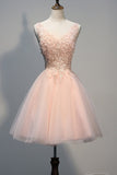 pearl pink v neck homecoming dresses with appliques open back