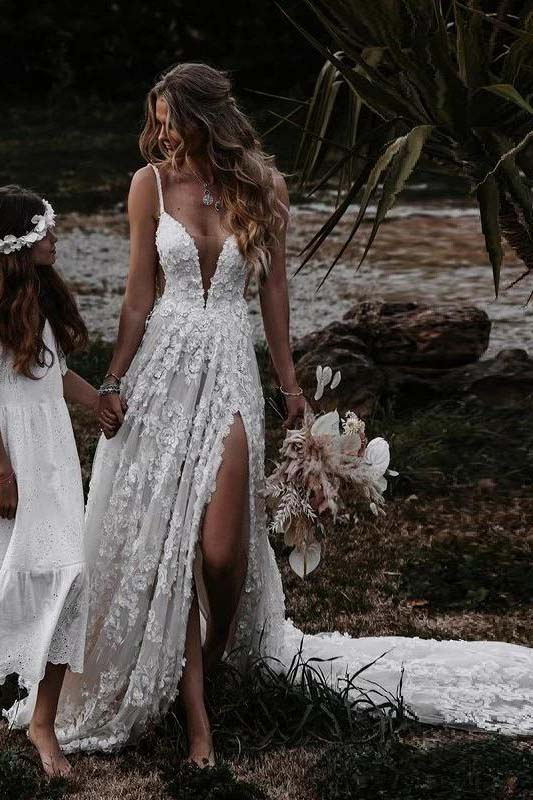 A-Line Deep V Neck Lace Floral Wedding Dresses With Slit, Backless Beach Bridal Gowns PW497
