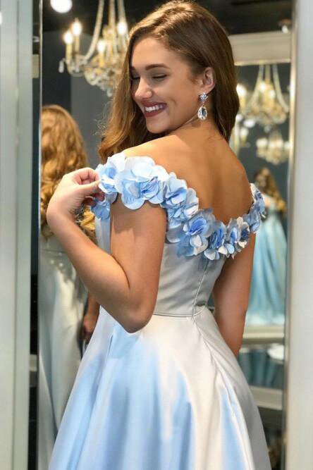 a line off the shoulder floral light blue long prom dress with split