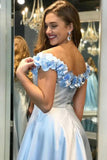 a line off the shoulder floral light blue long prom dress with split