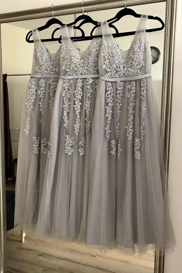 a line princess v neck appliques gray long bridesmaid dresses pb180