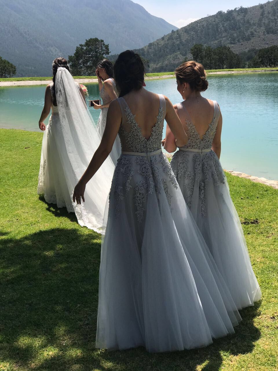 a line princess v neck appliques gray long bridesmaid dresses pb180