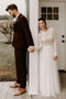 A-Line Round Neck Lace Long Sleeves Chiffon Wedding Dresses PW63