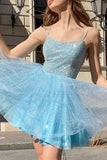 a line sleeveless blue homecoming dress spaghetti straps cocktail dress