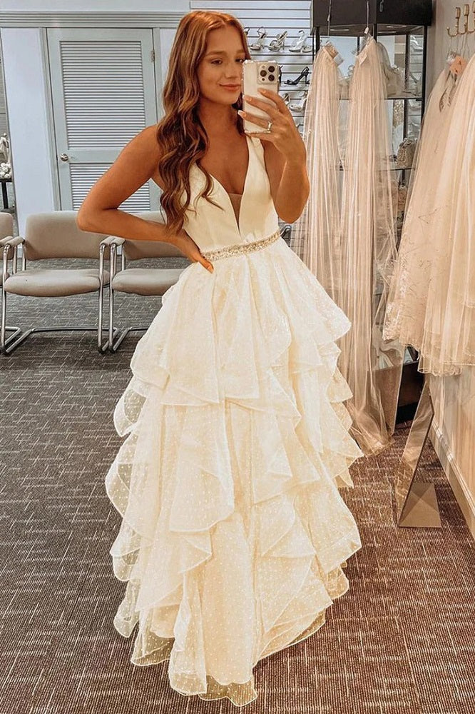 a line tiered ruffles yellow polka dots tulle prom dresses princess formal gown