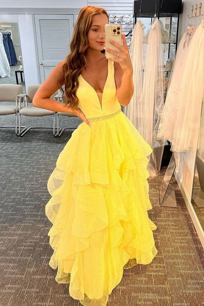 A-Line Tiered Ruffles Yellow Polka Dots Tulle Prom Dresses, Princess Formal Gown GP417