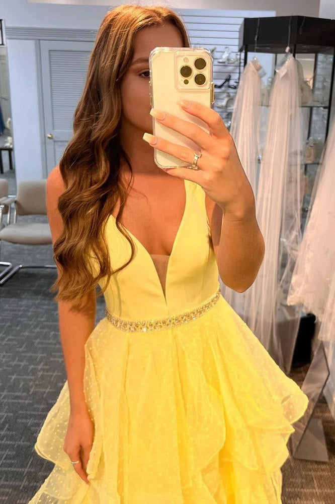 a line tiered ruffles yellow polka dots tulle prom dresses princess formal gown