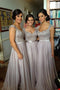 A-Line Chiffon Grey Long Bridesmaid Dresses With Appliques Bodice PB134