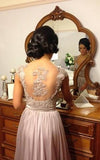 a line chiffon grey long bridesmaid dresses with appliques bodice