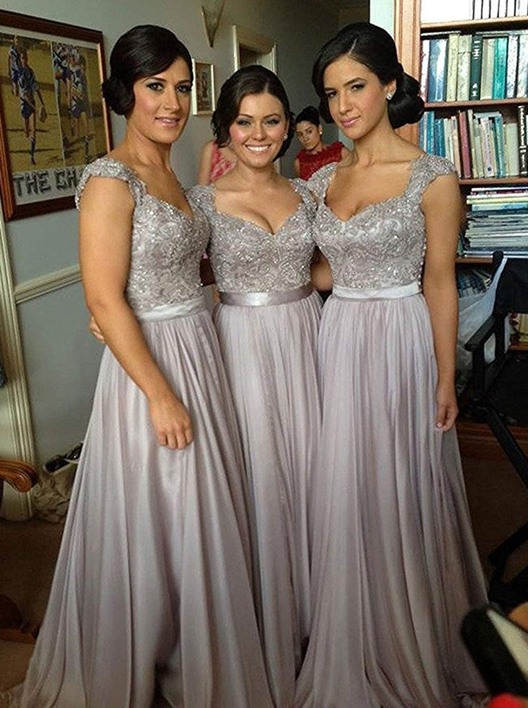 a line chiffon grey long bridesmaid dresses with appliques bodice
