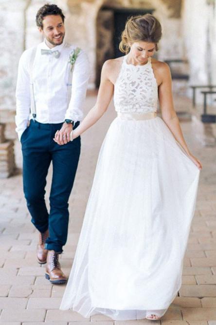 a line jewel tulle beach backless wedding dress with lace