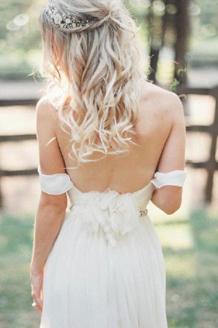 a line off the shoulder beaded chiffon backless beach wedding dress