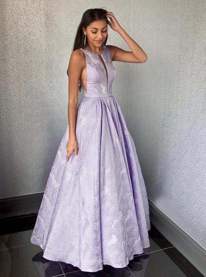 a line bateau sleeveless lilac floral satin prom graduation dress
