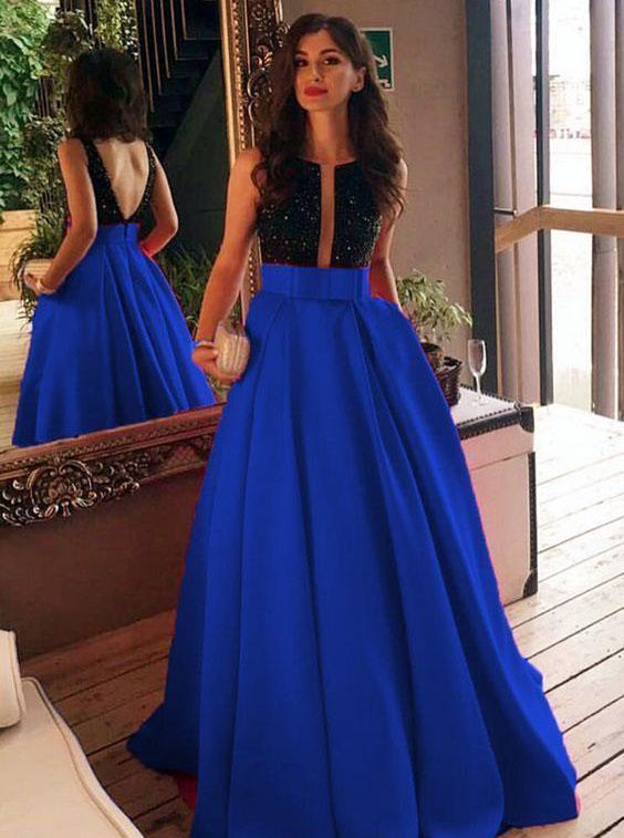 a line princess plunging v neck satin blue prom evening dress mp936