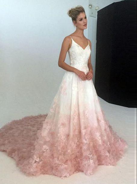 a line spaghetti straps ombre blush lace prom wedding dresses
