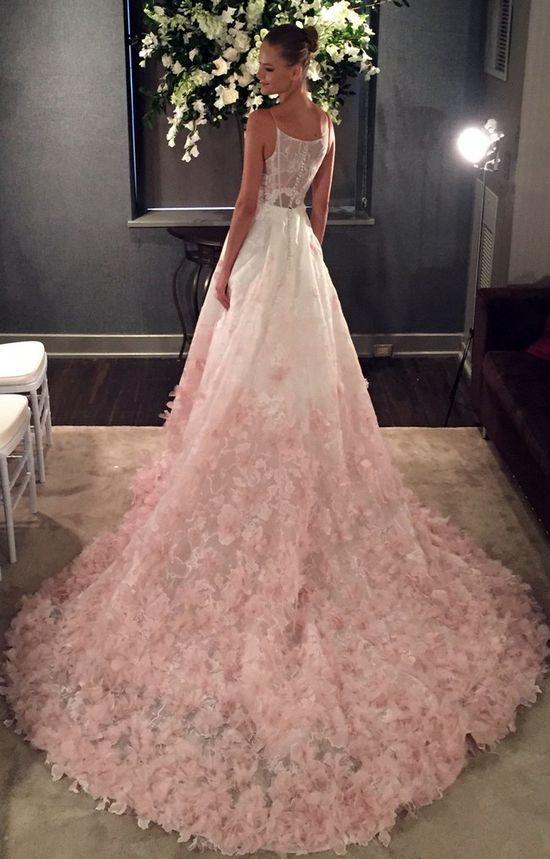 a line spaghetti straps ombre blush lace prom wedding dresses