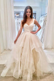a line v neck ball gown layered sleeveless wedding dress
