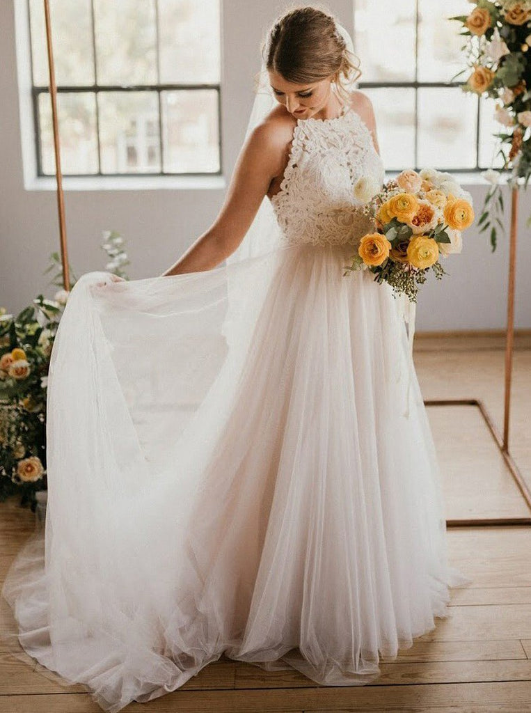 a line bateau tulle beach wedding dress with lace top