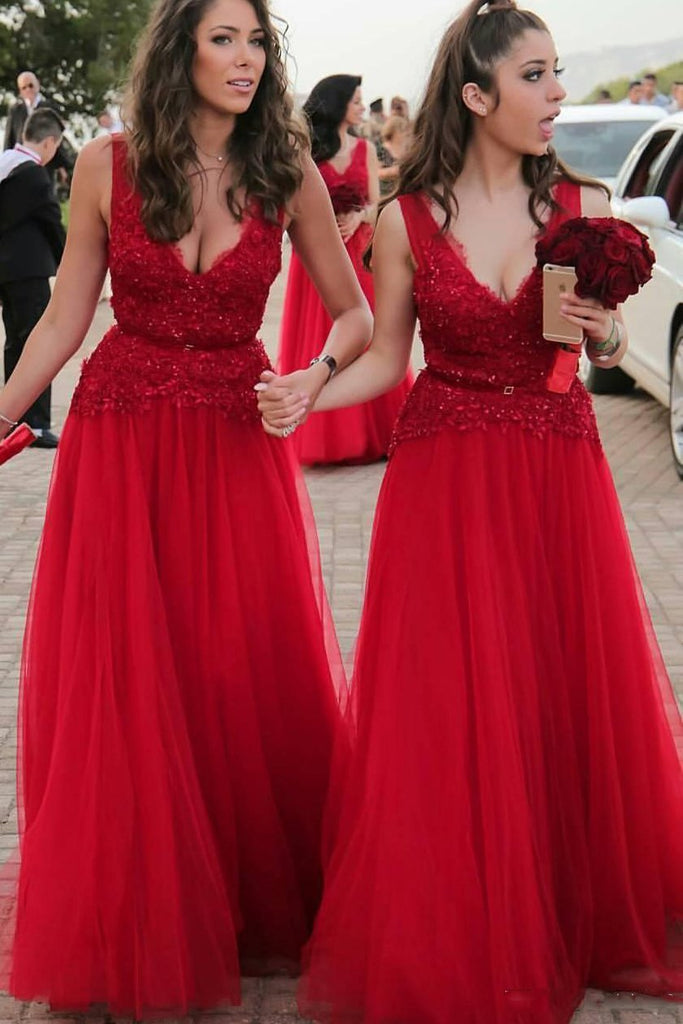 a line v neck appliques beading tulle red long bridesmaid dresses