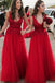 a line v neck appliques beading tulle red long bridesmaid dresses