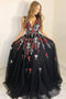 Shop A-Line V-Neck Black Tulle Long Prom Dress with Appliques MP805