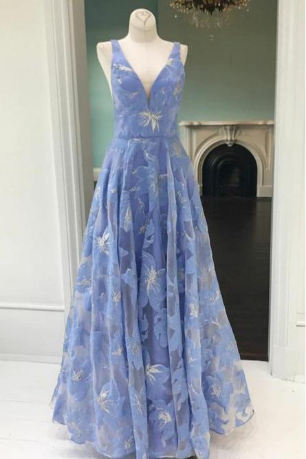 a line v neck lace floral long blue prom party dress