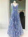 a line v neck lace floral long blue prom party dress