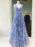 a line v neck lace floral long blue prom party dress mp893