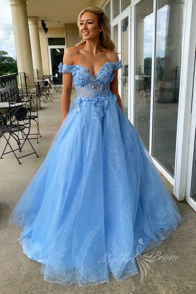 a line blue tulle lace long prom dresses off the shoulder evening dress