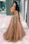 A-line Champagne Prom Dress with Lace Appliques, Elegant Long Formal Gown GP303