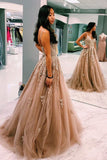 A-line Champagne Prom Dress with Lace Appliques, Elegant Long Formal Gown GP303
