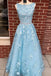 a line sky blue prom dress long sleeveless graduation gown