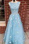 A-line Sky Blue Prom Dress Long Sleeveless Graduation Gown GP139