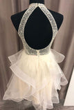 A-line Halter Tulle Beads Short Prom Dress Open Back Cute Homecoming Dress GM541