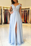 chiffon blue prom dress a line princess scalloped neck with split