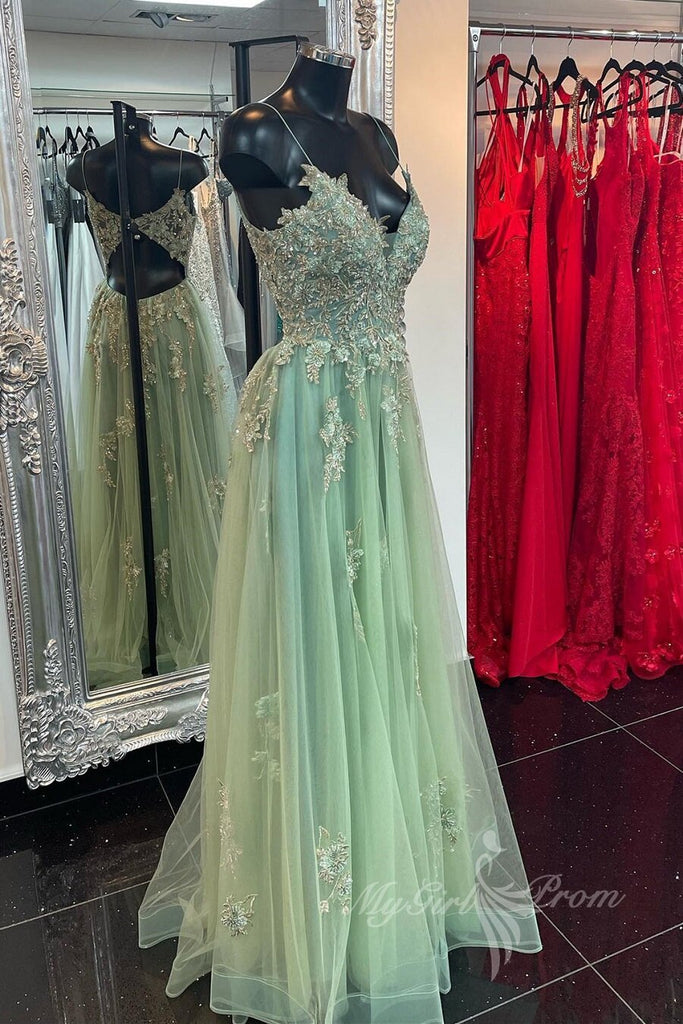 a line sleeveless appliques green long prom dress slit graduation gown