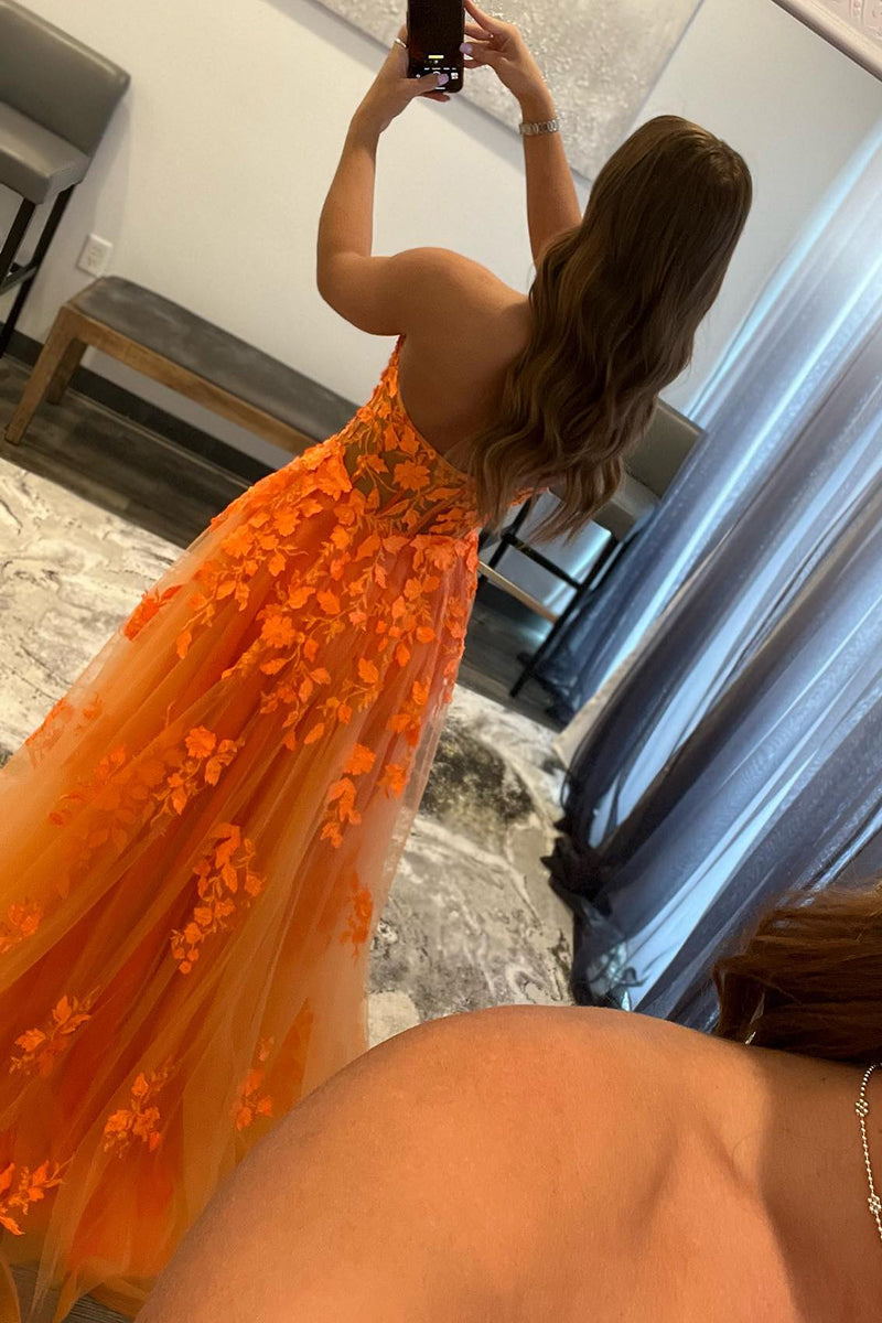 A-line Strapless Orange Lace Appliques Long Formal Gown, Senior Prom Dress GP380