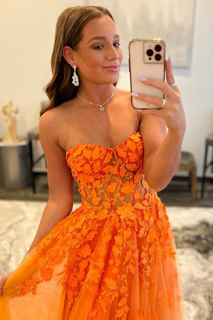 a line strapless orange lace appliques long formal gown senior prom dress
