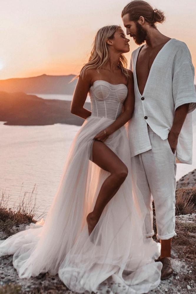 a line sweetheart tulle bohemian wedding dresses beach slit wedding dress