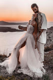 A-line Sweetheart Tulle Bohemian Wedding Dresses, Beach Slit Wedding Dress PW487