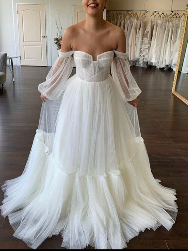 A-line Tulle Detachable Sleeves Boho Beach Wedding Dresses, Elegant Bridal Gown PW477