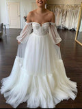 A-line Tulle Detachable Sleeves Boho Beach Wedding Dresses, Elegant Bridal Gown PW477