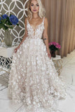 A-line V-Neck Lace Appliques Tulle Long Wedding Dress, Beautiful Bridal Gown PW504