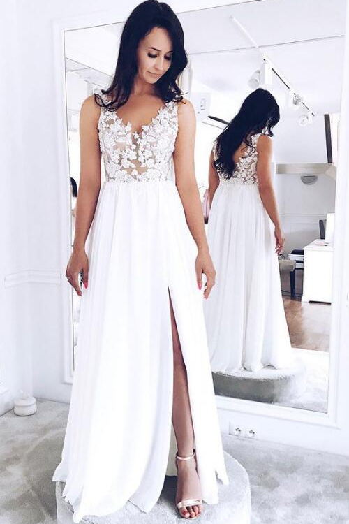 A-line V-neck Beach Wedding Dresses With Slit, Tulle Boho Bridal Dress PW518