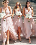 A-line V-neck Hi-low Blush Pink Chiffon Long Bridesmaid Dresses GB397