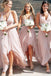 A-line V-neck Hi-low Blush Pink Chiffon Long Bridesmaid Dresses GB397